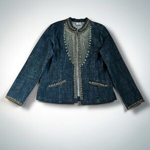 Chicos Denim Jean Jacket Size 1 US Medium Beaded Western Tribal
